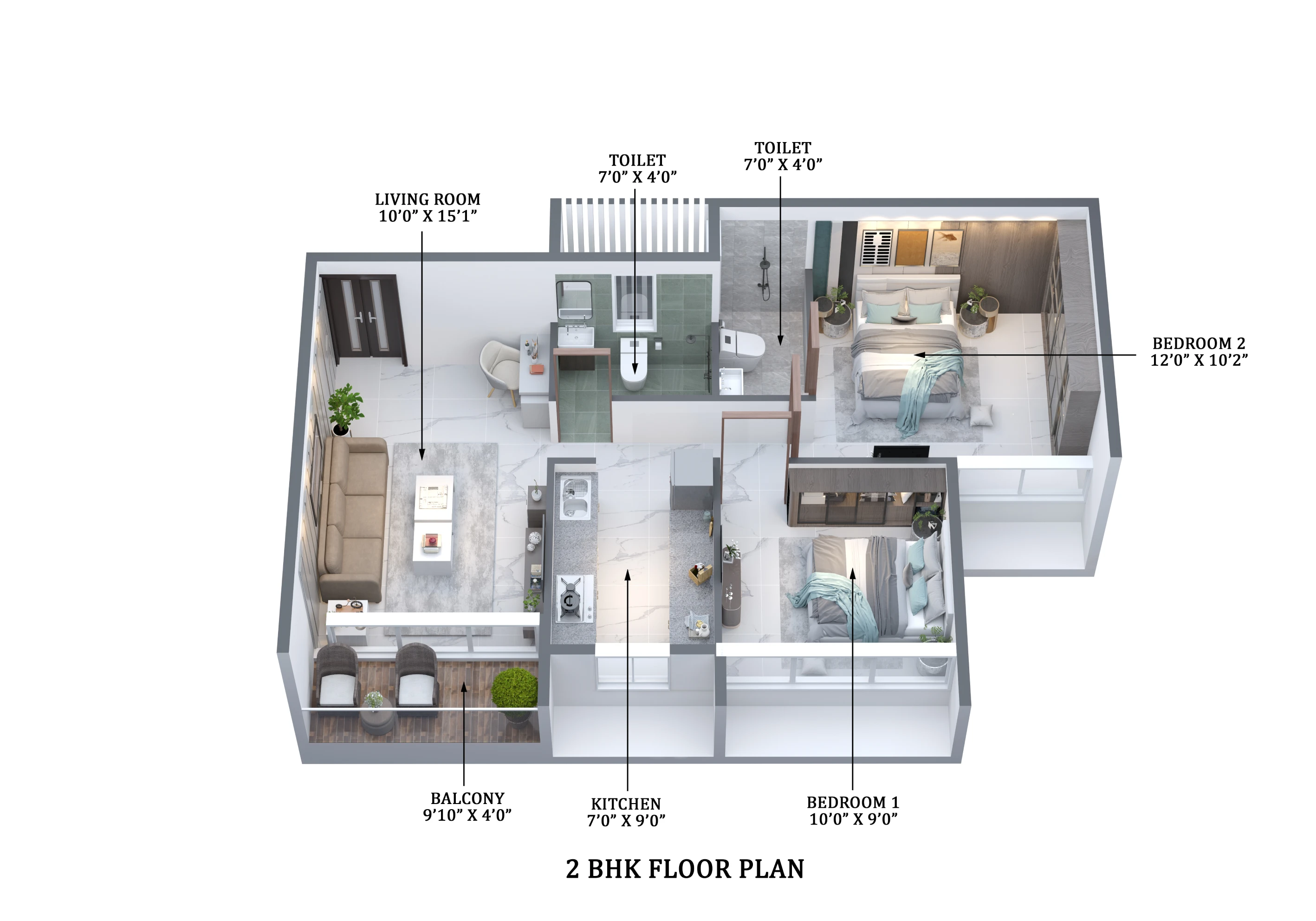 2 BHK Premium Corner Floor Plan